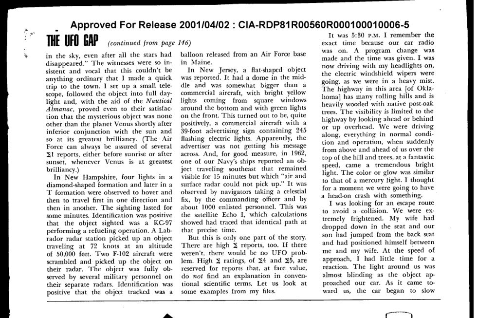 Parte superior de página de revista com o título The UFO Gap continuado da página 146 e três colunas de texto