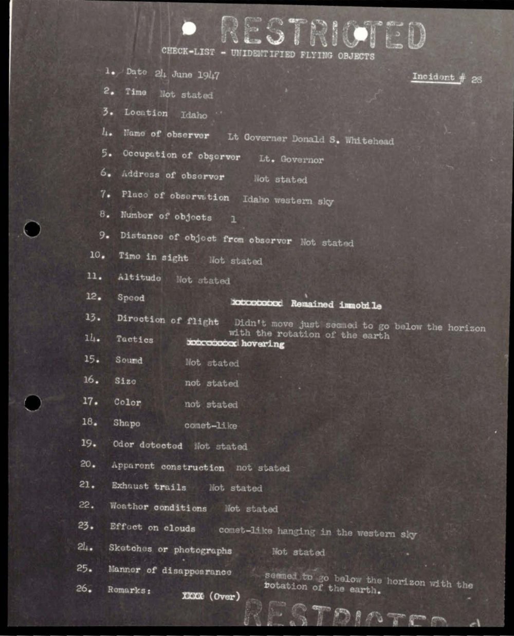 Ficha datilografada do incidente 28 sobre objeto de aparência cometária em Idaho.