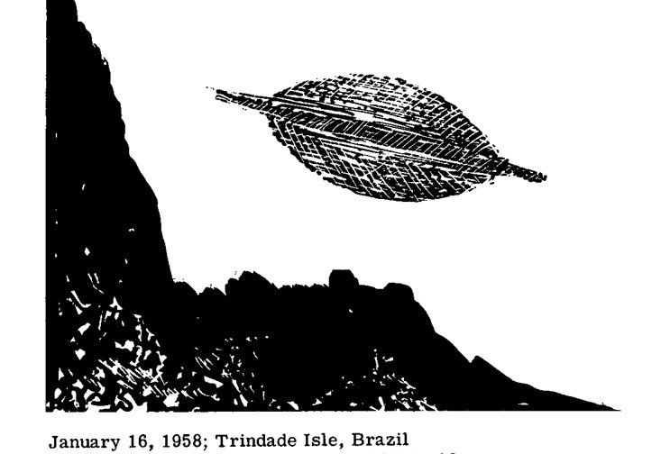 Desenho em preto e branco de objeto achatado com anel sobre montanhas escuras