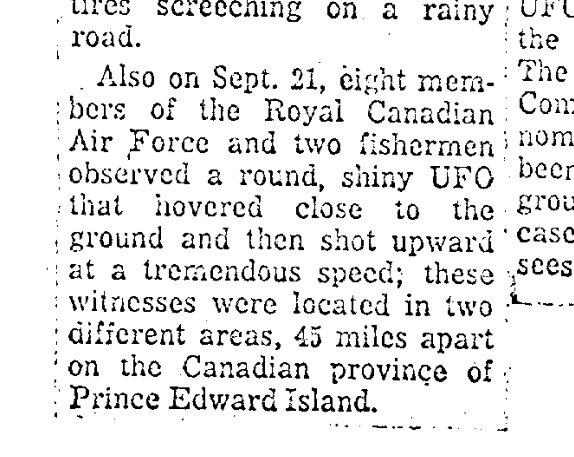 Trecho de coluna de jornal que menciona a Royal Canadian Air Force, dois pescadores e Prince Edward Island