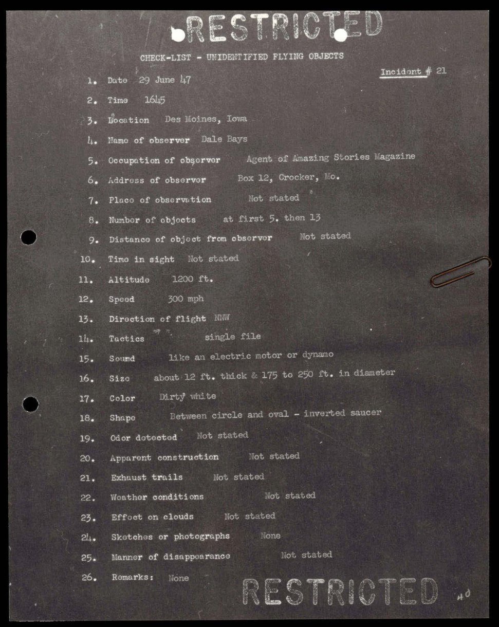 Ficha datilografada com campos numerados de 1 a 26, em negativo fotográfico, com carimbo RESTRICTED.