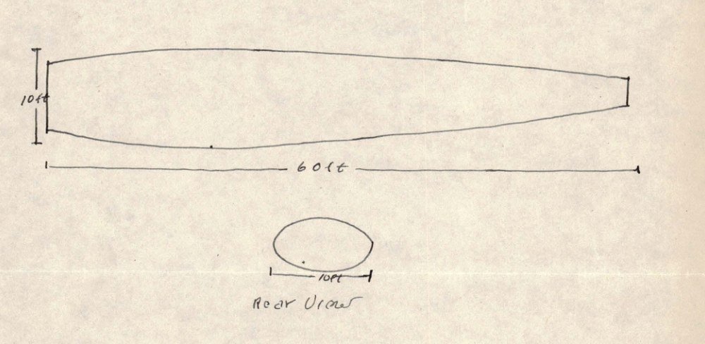 Desenho a traço de uma forma alongada horizontal com cotas de 10 e 60 pés e, abaixo, uma elipse marcada Rear View.