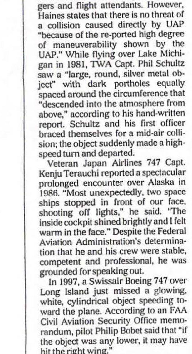 Coluna de texto de jornal com parágrafos sobre encontros de pilotos da TWA, da Japan Airlines e da Swissair.
