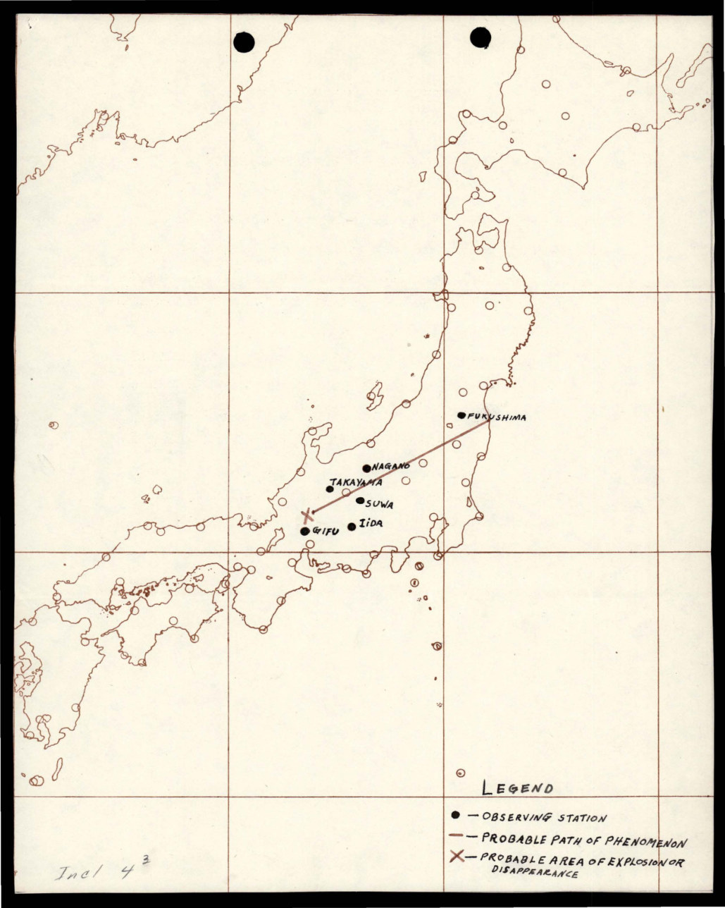 Mapa das estações japonesas, do trajeto provável e da área provável de explosão ou desaparecimento indicada no relatório.