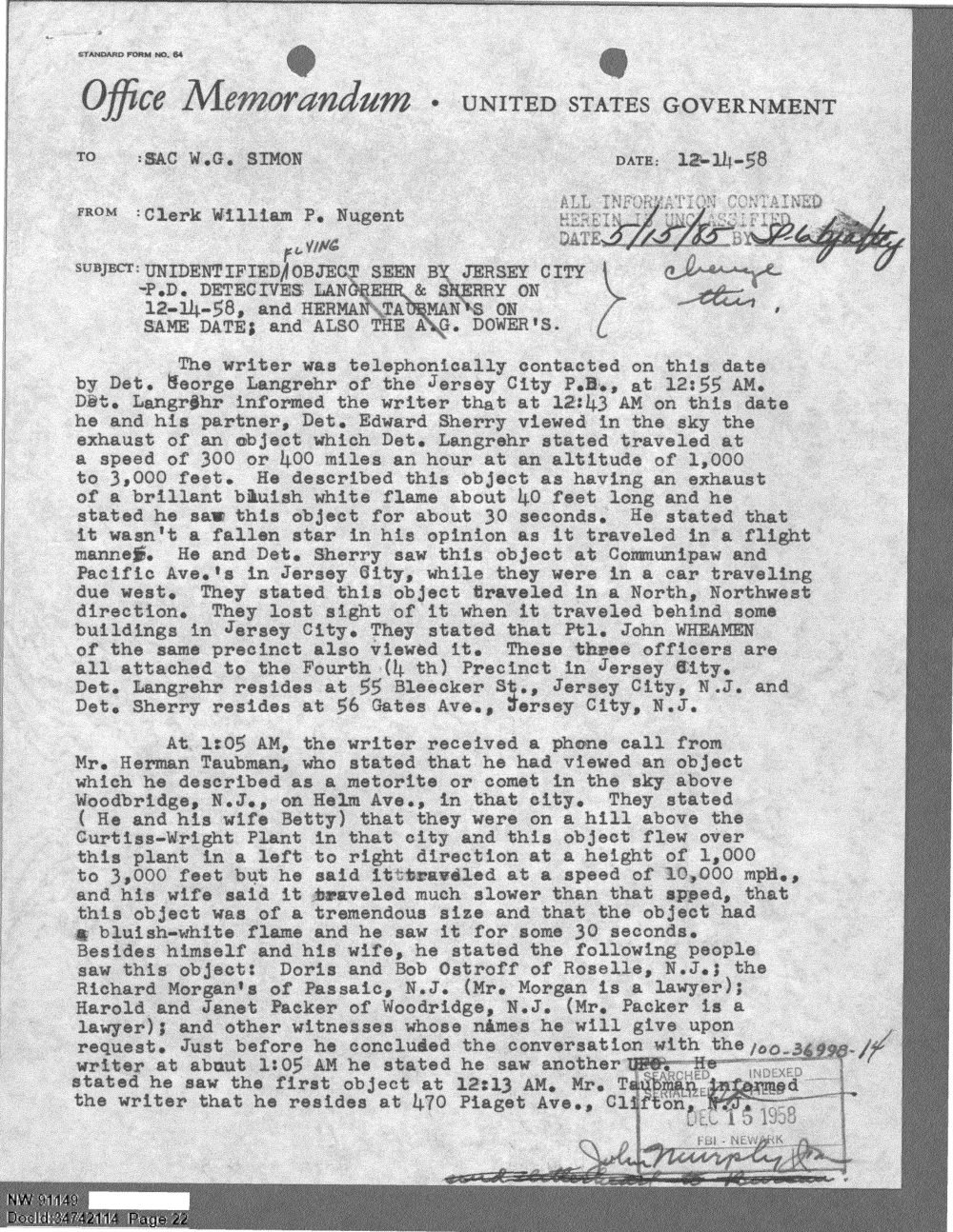 Memorando do FBI de 14/12/1958 com relatos de detetives e moradores sobre uma bola de fogo