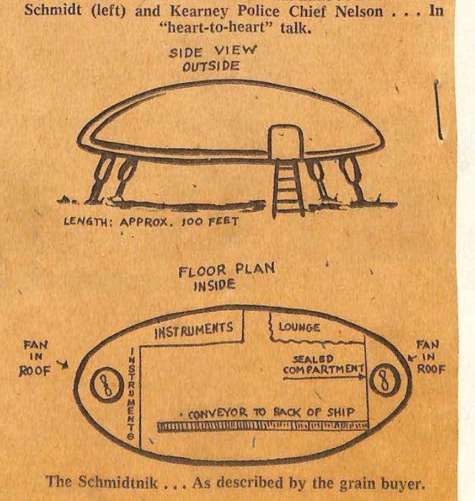 Desenho de jornal de uma nave em forma de cúpula achatada sobre pernas, com escada, e abaixo a planta oval com áreas rotuladas em inglês.
