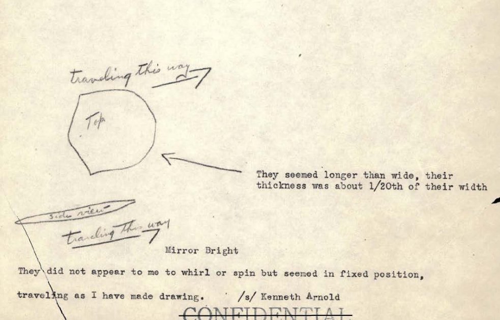 Página datilografada com desenho manuscrito de um objeto ovalado visto de cima e em perfil alongado, com anotações e assinatura de Kenneth Arnold.