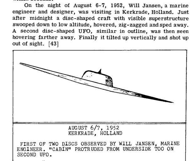 Trecho de página com parágrafo impresso e, abaixo, desenho a traço de um disco achatado e inclinado com pequena cúpula e haste, sobre a legenda August 6/7, 1952, Kerkrade, Holland.