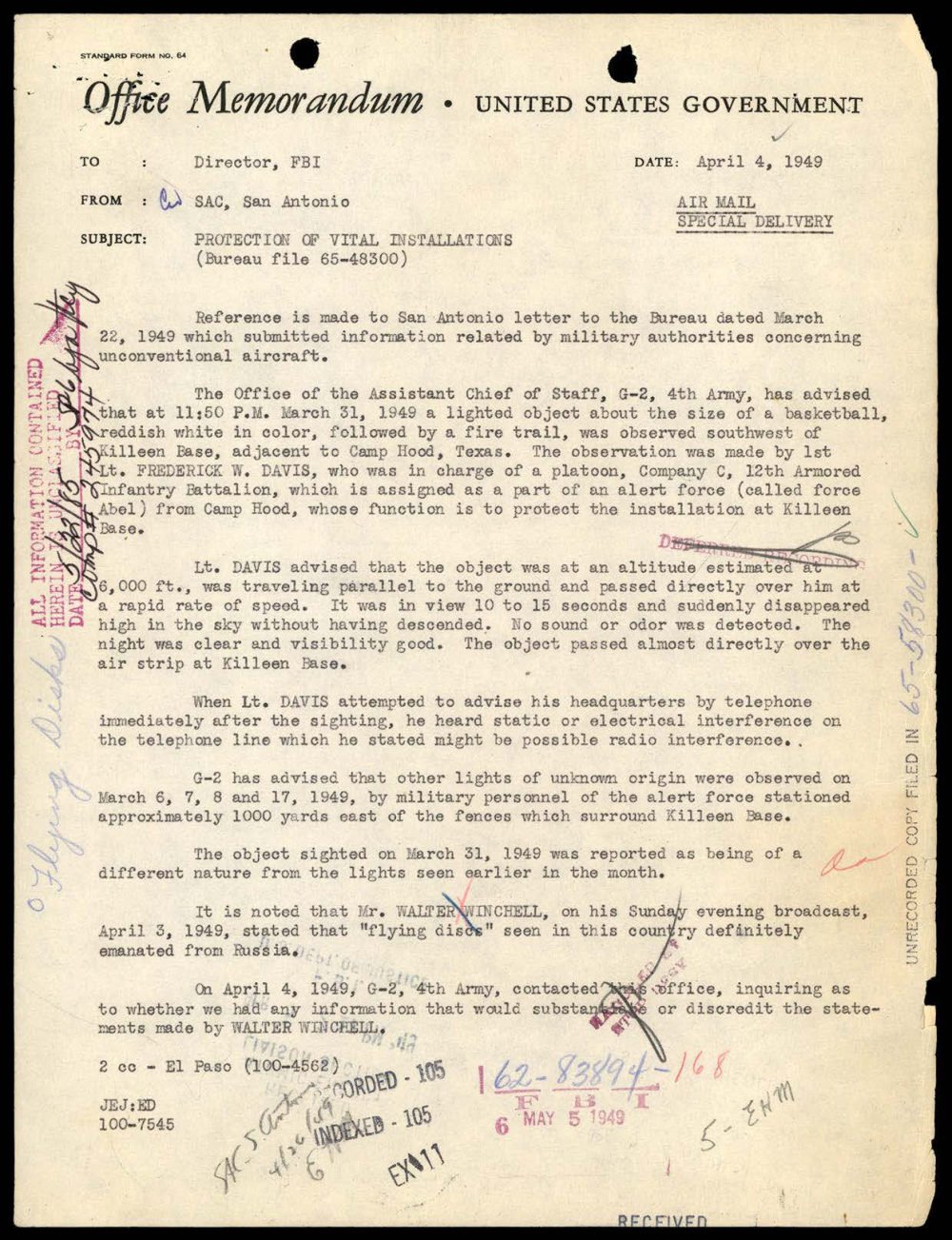 Memorando do FBI de San Antonio sobre a luz com rastro de fogo vista por um tenente do Exército perto de Camp Hood.