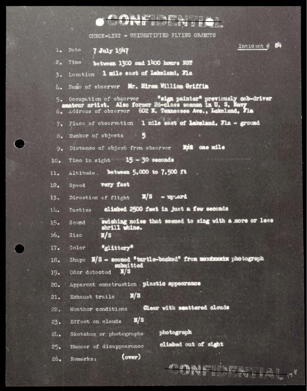 Ficha datilografada do incidente 84, Lakeland, Flórida, 1947