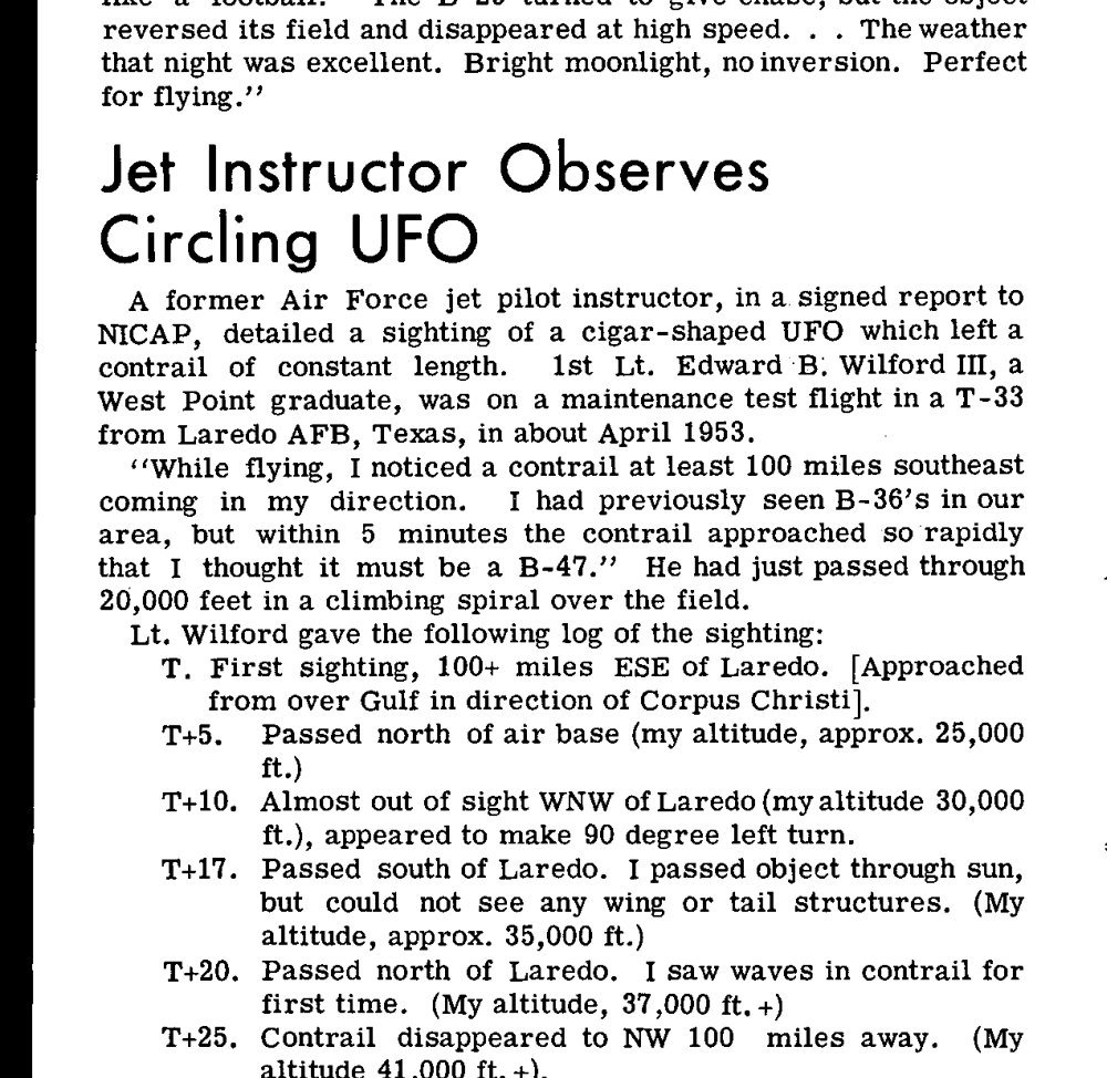 Coluna de texto impresso em inglês com o título Jet Instructor Observes Circling UFO e uma lista de tempos de T a T+25.