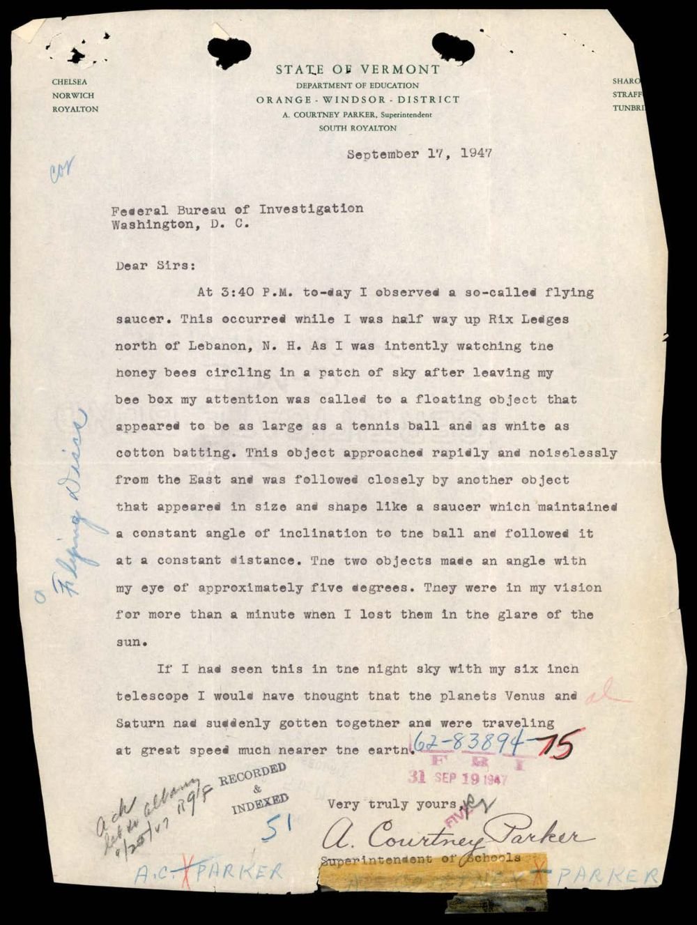 Carta datilografada em papel timbrado do Departamento de Educação de Vermont, de 17 de setembro de 1947.
