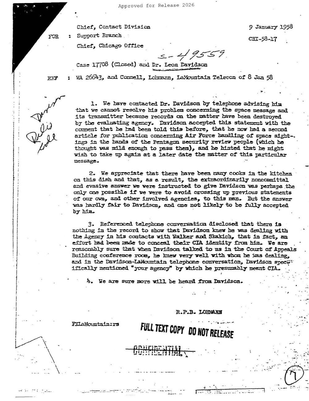 Memorando da CIA de 09/01/1958 sobre o caso de Leon Davidson