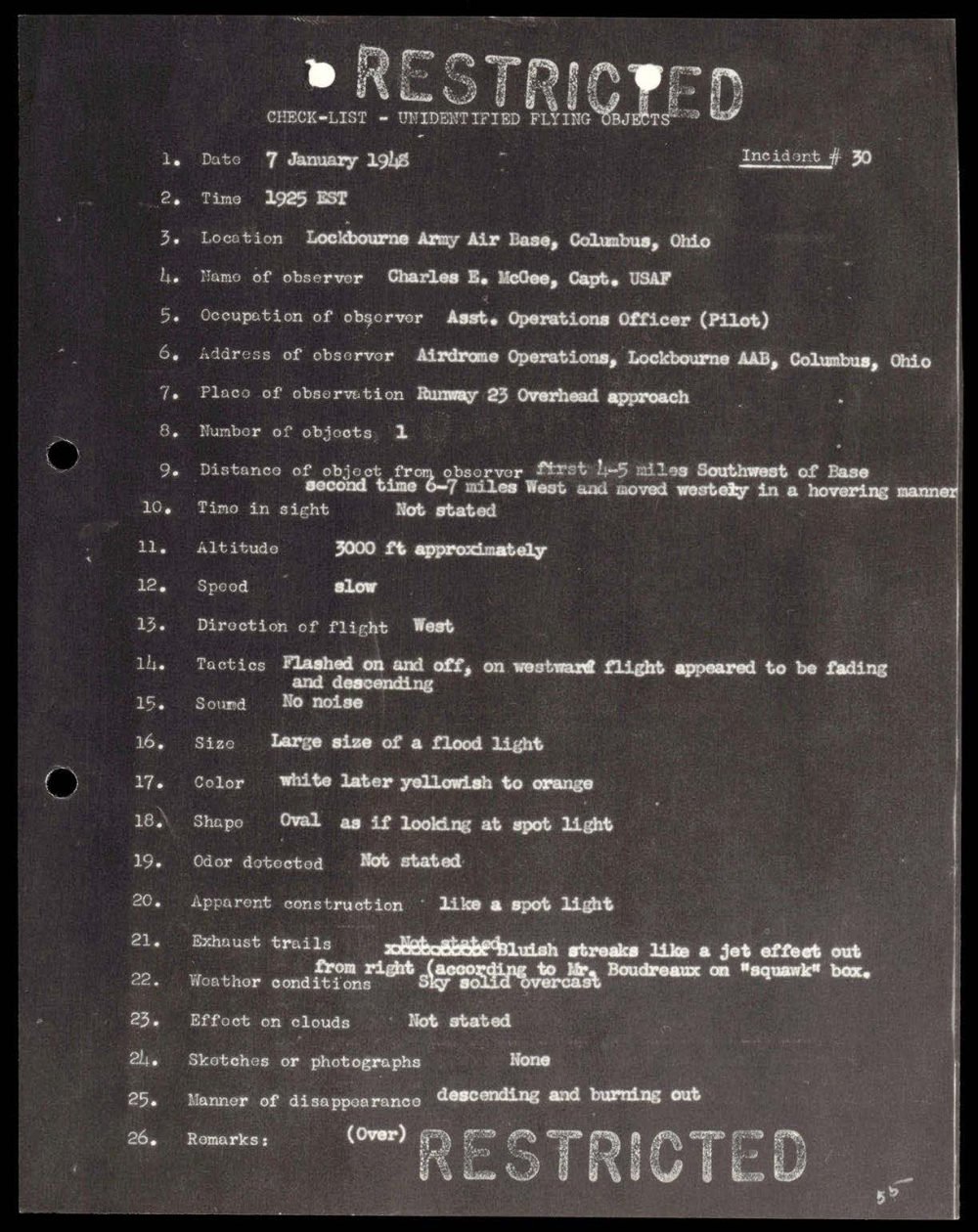 Ficha datilografada do incidente 30, Lockbourne, 7 de janeiro de 1948.