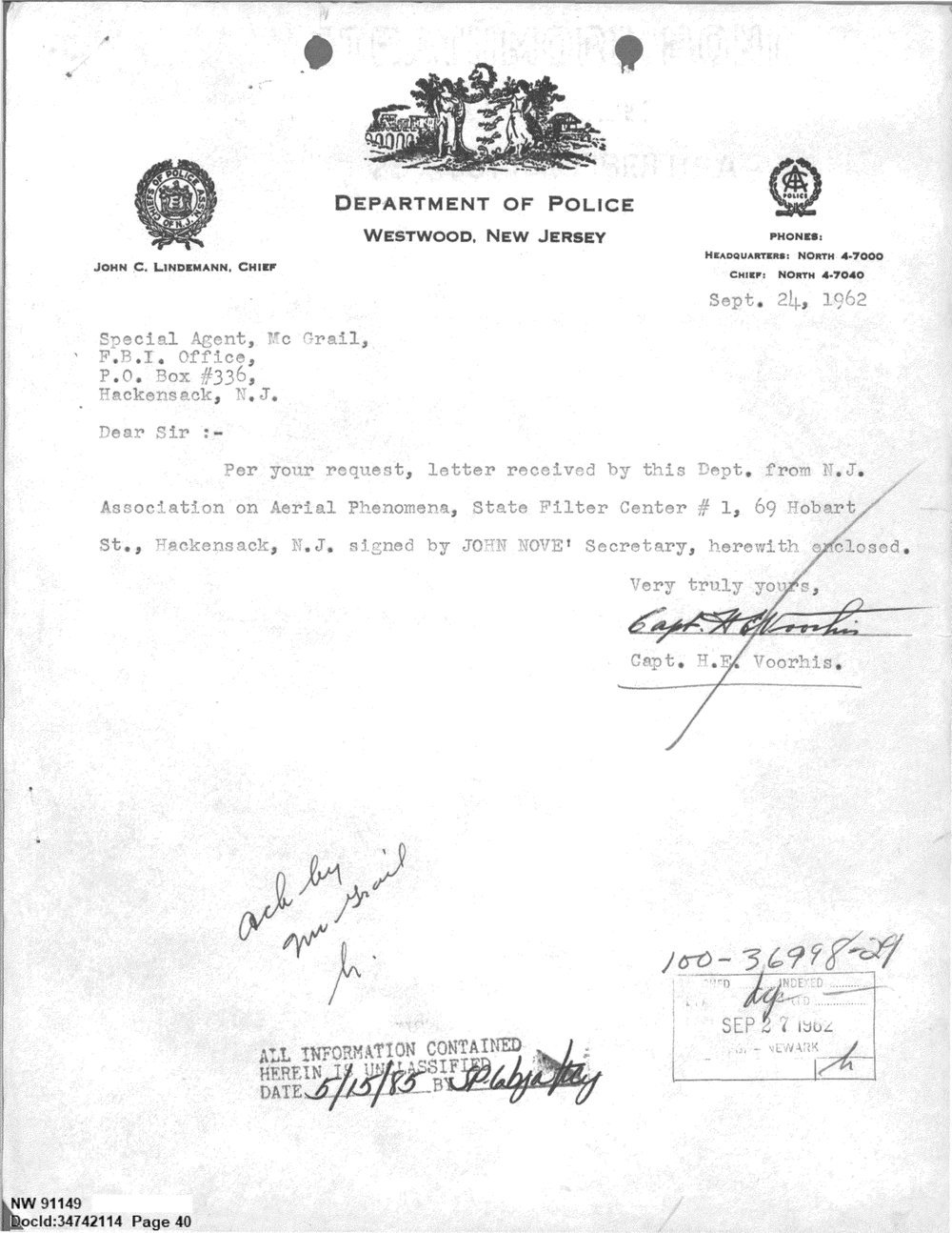 Carta datilografada no papel timbrado da polícia de Westwood, de 24 de setembro de 1962, dirigida ao FBI.