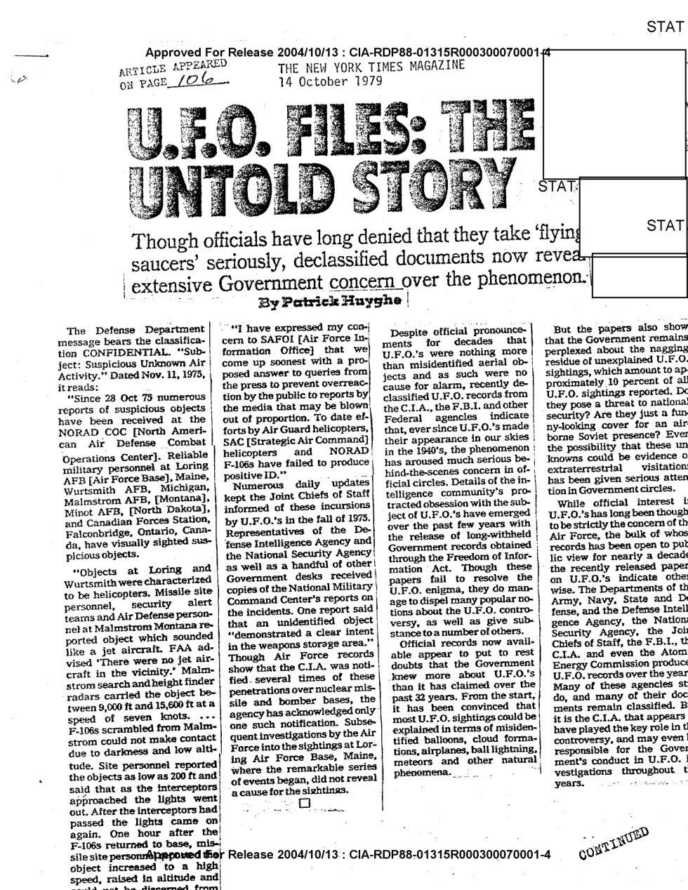 Página de revista com o título U.F.O. Files: The Untold Story em letras grandes e texto em quatro colunas