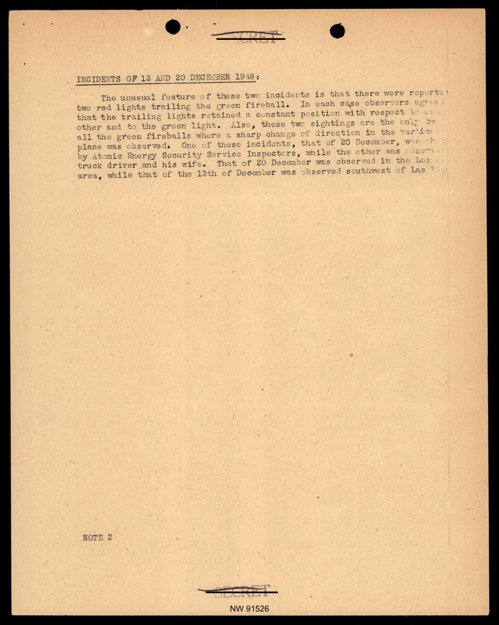Página datilografada do resumo do OSI de abril de 1949 sobre as bolas verdes de dezembro de 1948