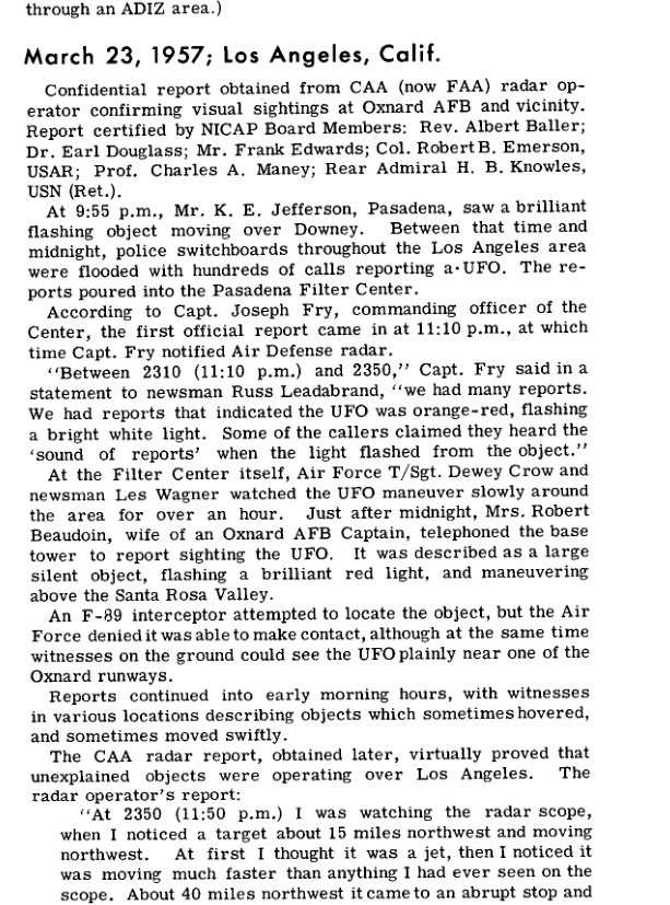 Coluna datilografada do relatório NICAP com o título March 23, 1957; Los Angeles, Calif.