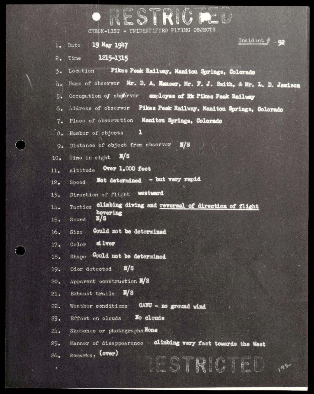 Ficha datilografada do incidente 92, Manitou Springs, Colorado, 1947