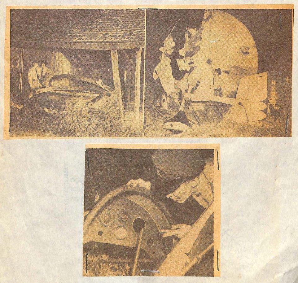 Três fotografias de jornal escurecidas: um galpão de madeira com uma estrutura circular, a carcaça de uma aeronave com disco rasgado e um homem de quepe examinando um painel com mostradores.