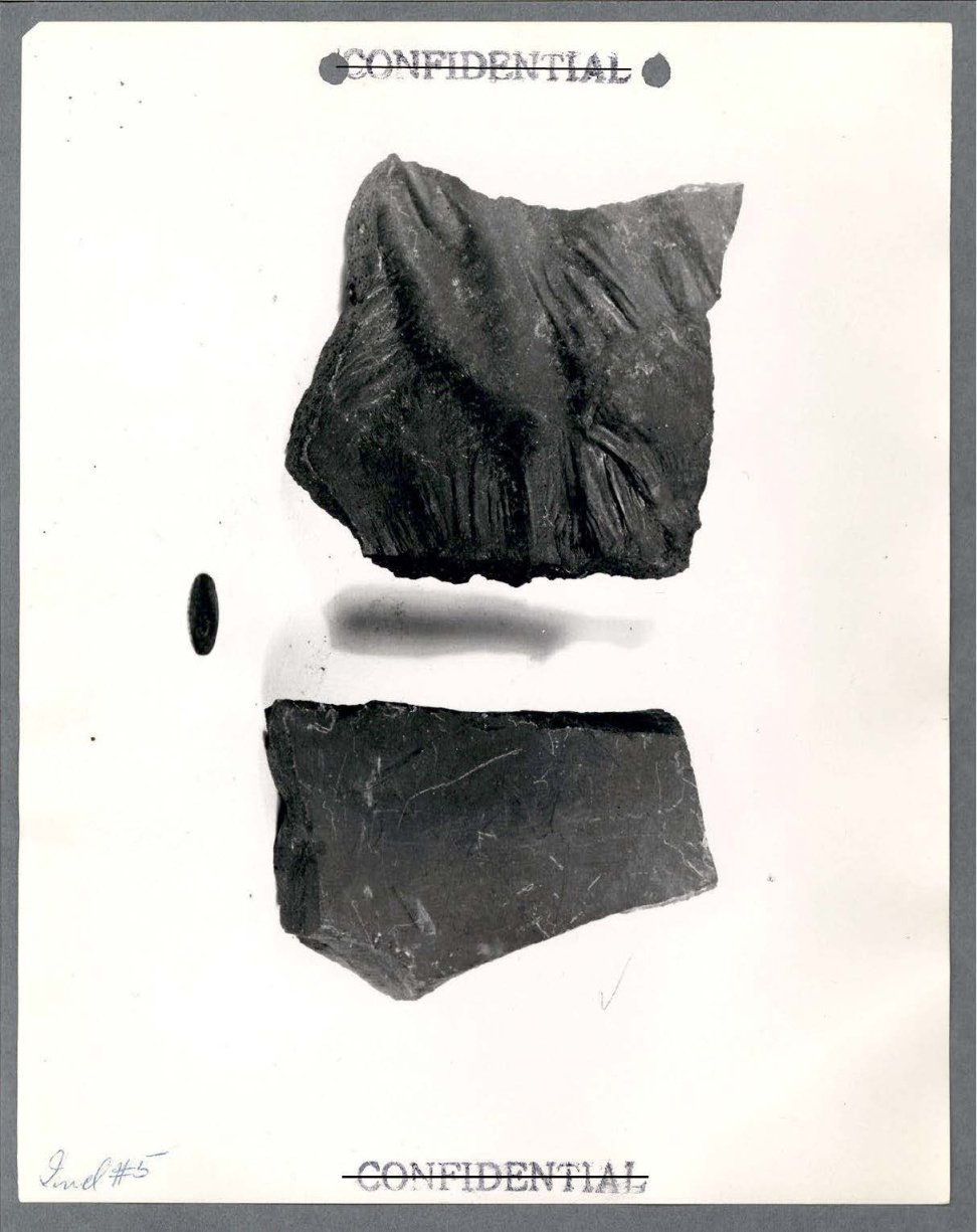 Fotografia em preto e branco de dois fragmentos escuros, o de cima com sulcos ondulados e o de baixo liso e anguloso.