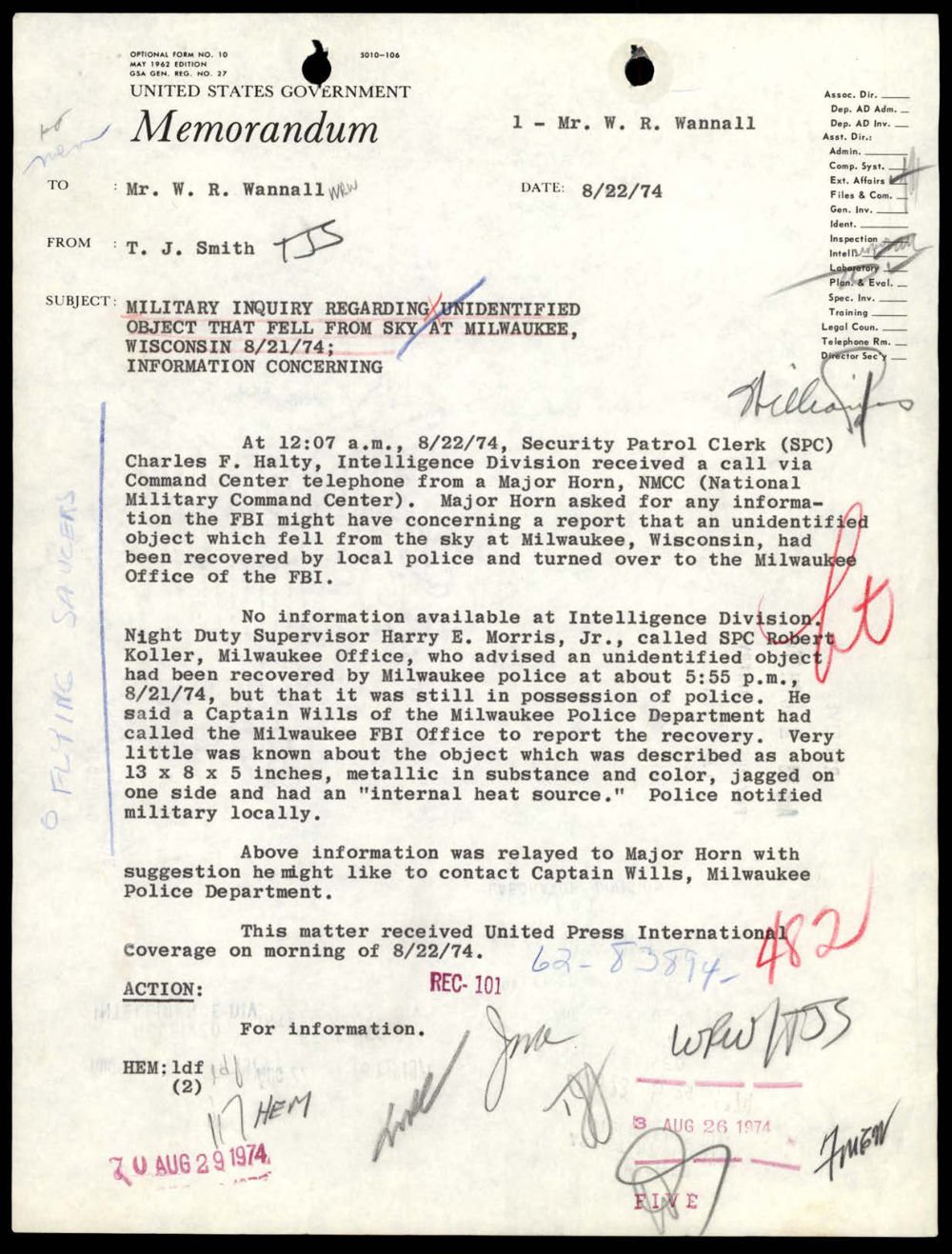 Memorando do FBI de 1974 sobre o objeto de Milwaukee