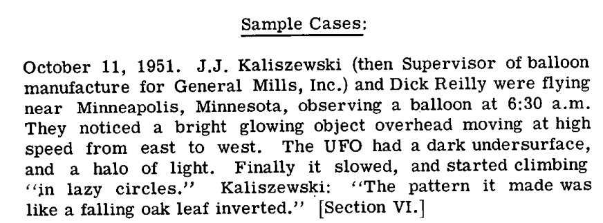 Recorte de página datilografada com o subtítulo Sample Cases e um parágrafo sobre o avistamento de 11 de outubro de 1951 perto de Minneapolis.