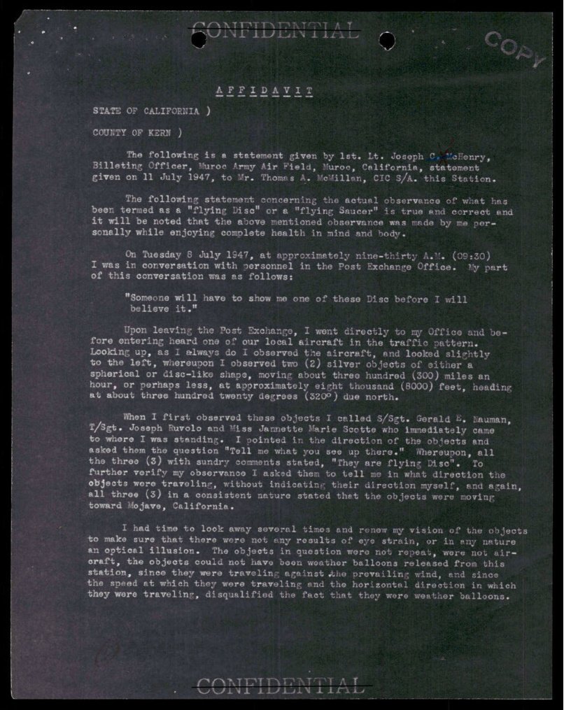 Página datilografada, com carimbo 'CONFIDENTIAL' e marca 'COPY', do depoimento de McHenry.