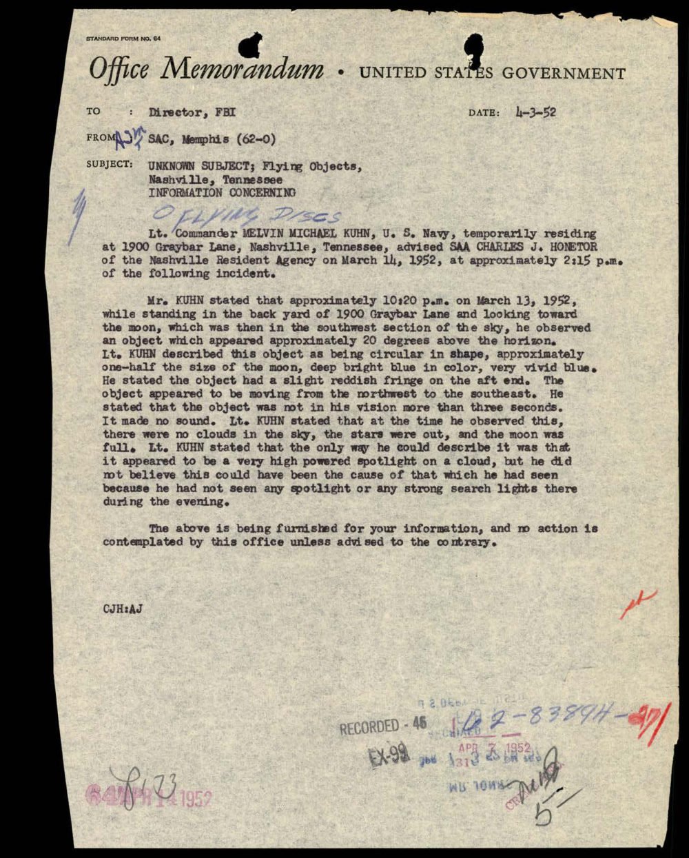 Memorando do FBI de Memphis sobre o círculo azul visto em Nashville por um oficial da Marinha.