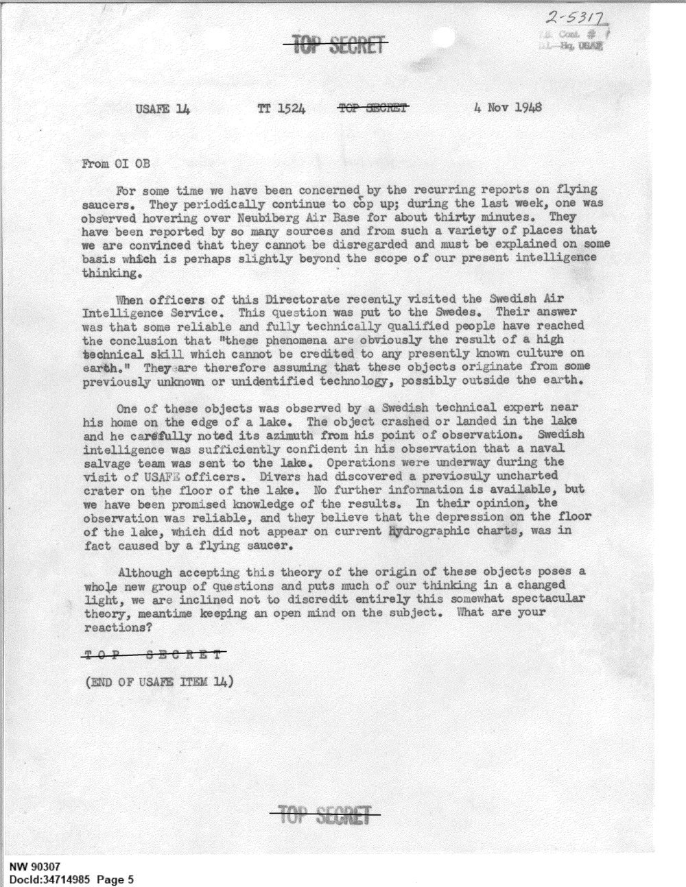 Página datilografada da mensagem USAFE 14 de 4 de novembro de 1948, com carimbos Top Secret.