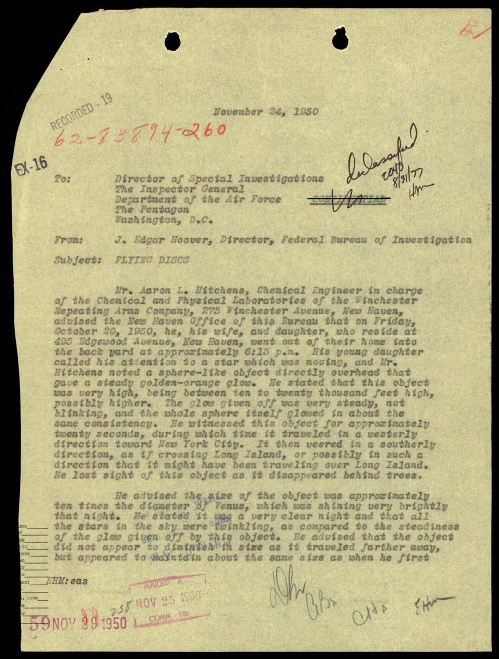 Primeira folha da carta do FBI à Força Aérea, com o relato do engenheiro químico de New Haven.