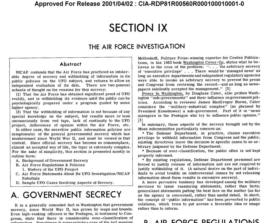 Alto de página com o título Section IX, The Air Force Investigation, um quadro com o resumo e o título A. Government Secrecy.