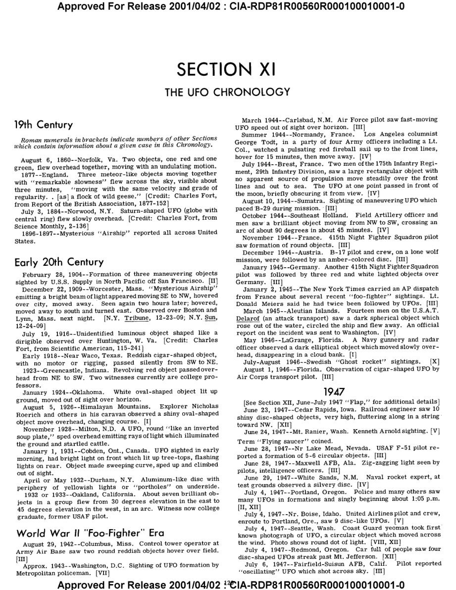 Página com o título Section XI, The UFO Chronology, e entradas datadas sob os subtítulos 19th Century, Early 20th Century, World War II Foo-Fighter Era e 1947.