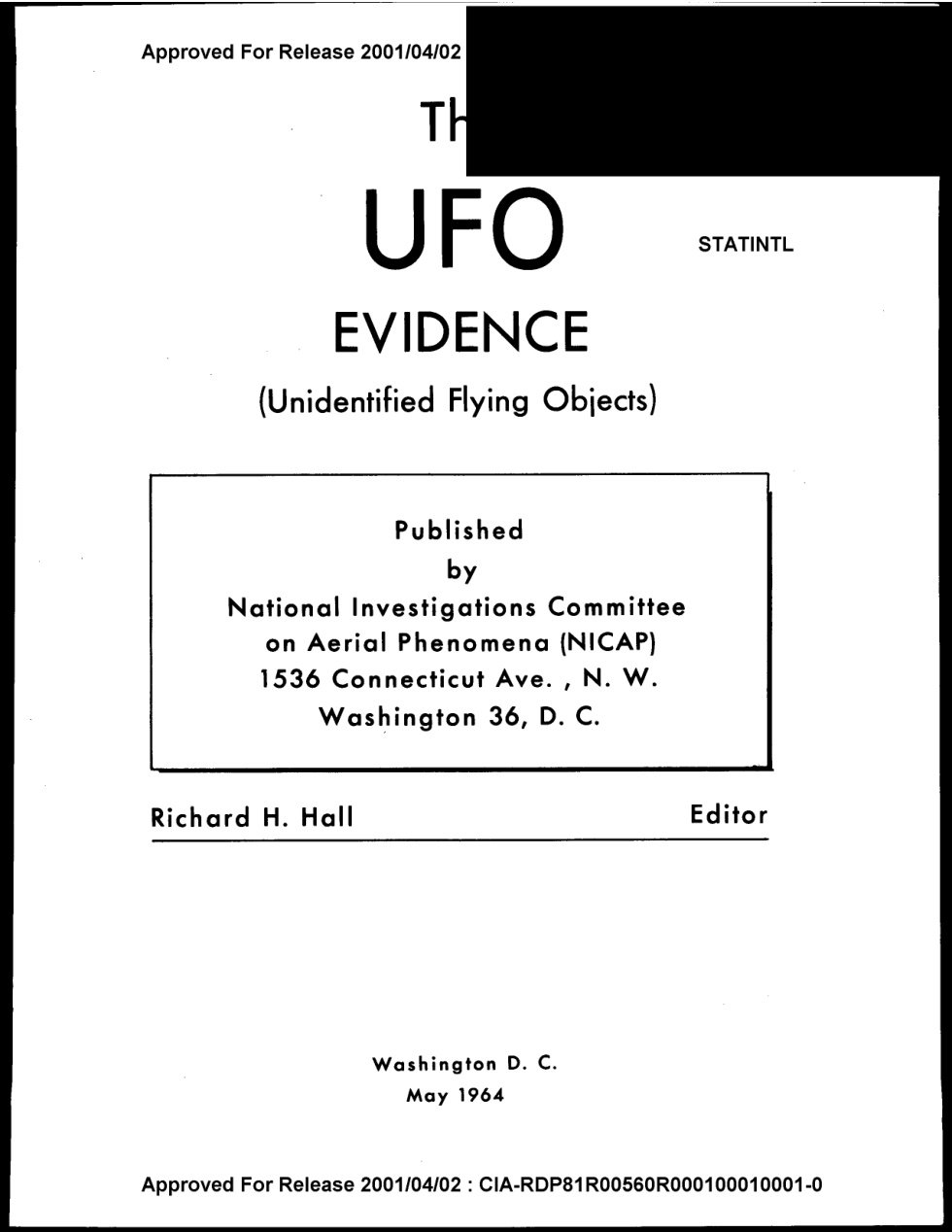 Folha de rosto com o título UFO Evidence, o quadro com o endereço da NICAP, o nome Richard H. Hall e uma tarja preta no canto superior.