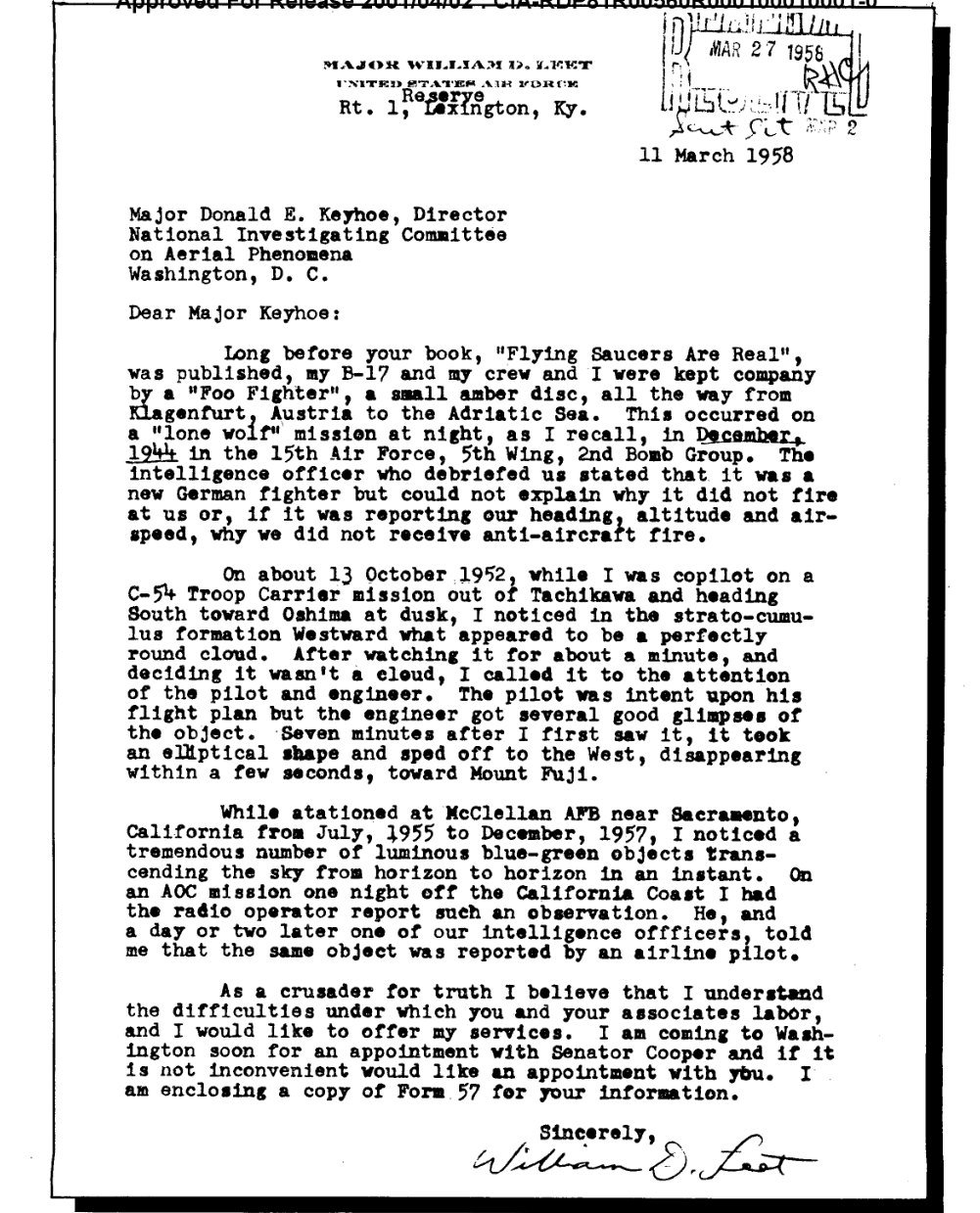 Carta datilografada com timbre do major William D. Leet, carimbo de recebimento no canto superior direito e assinatura manuscrita.