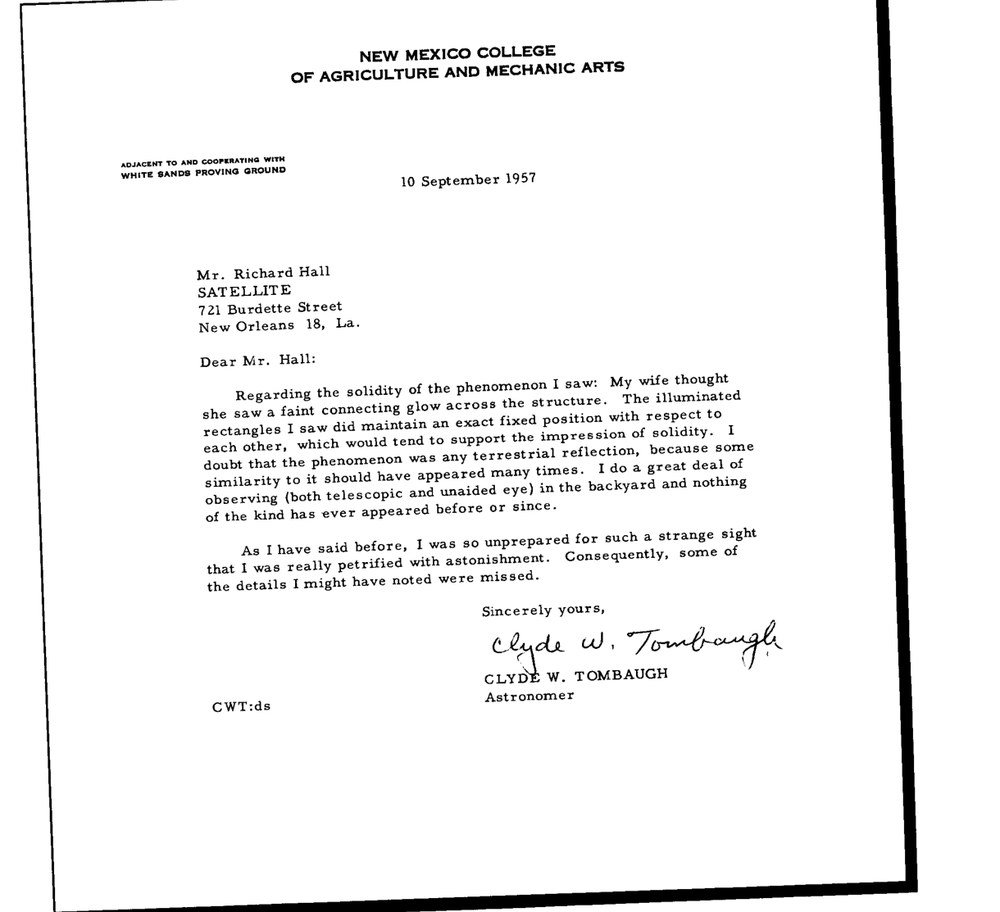 Carta datilografada com timbre do New Mexico College of Agriculture and Mechanic Arts, datada de 10 de setembro de 1957 e assinada por Clyde W. Tombaugh.