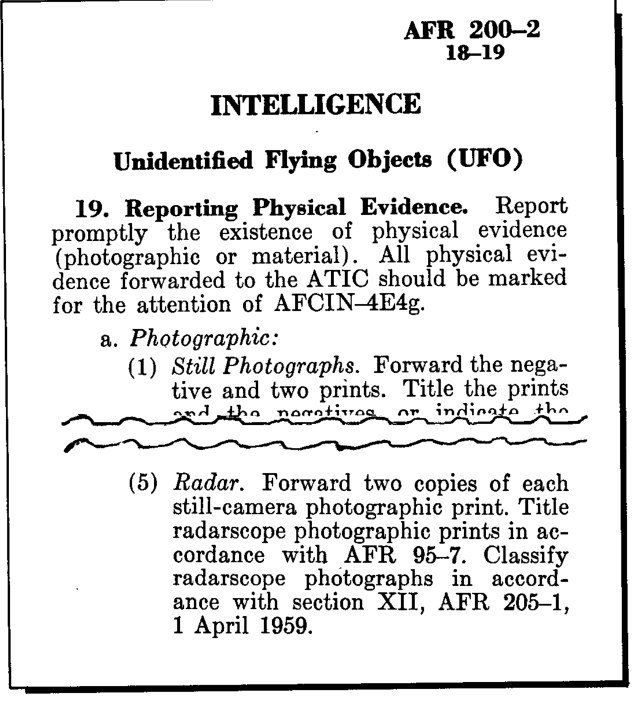Recorte de quadro impresso com o título AFR 200-2, Intelligence, Unidentified Flying Objects (UFO), parágrafo 19.