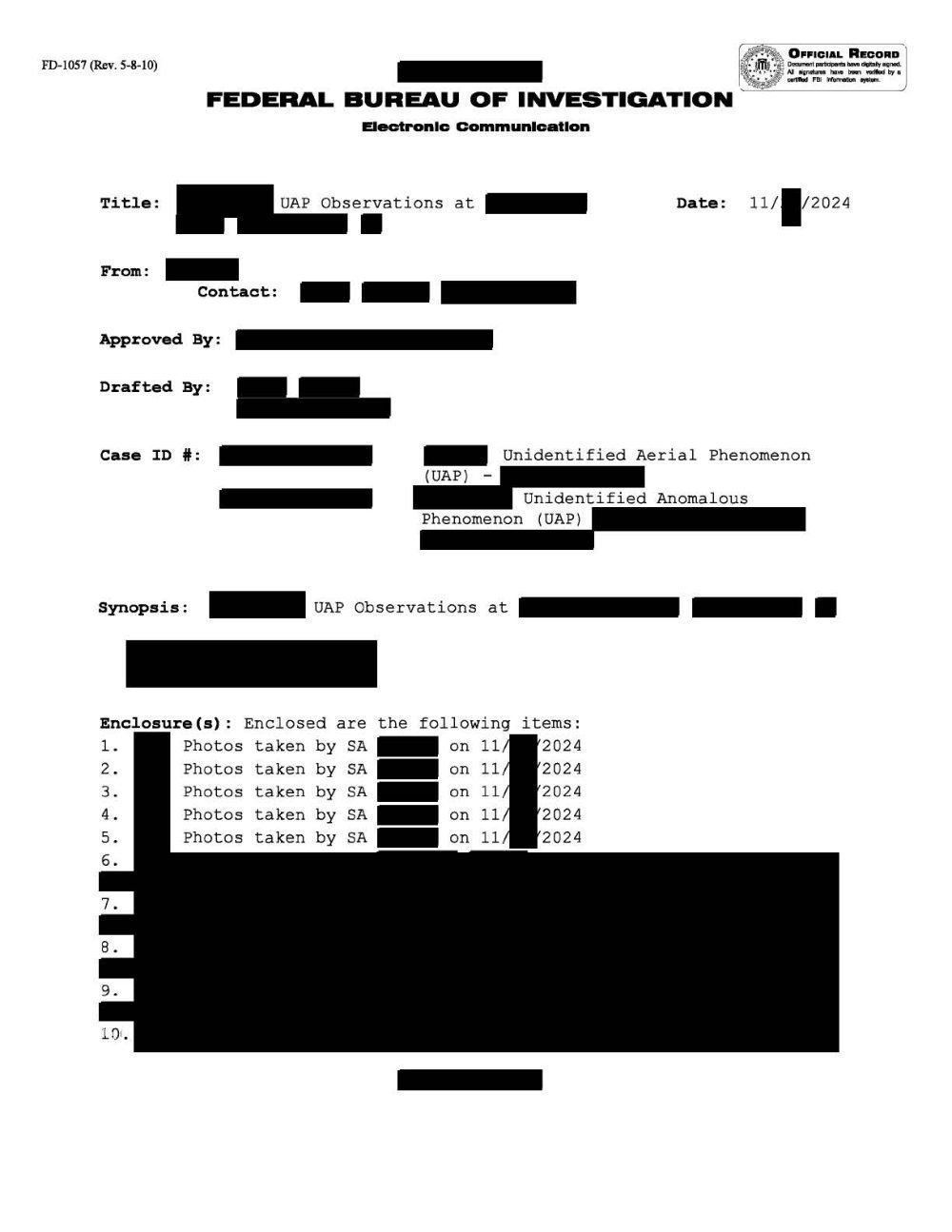 Formulário do FBI com a lista de anexos e blocos tarjados sobre os itens 6 a 10.