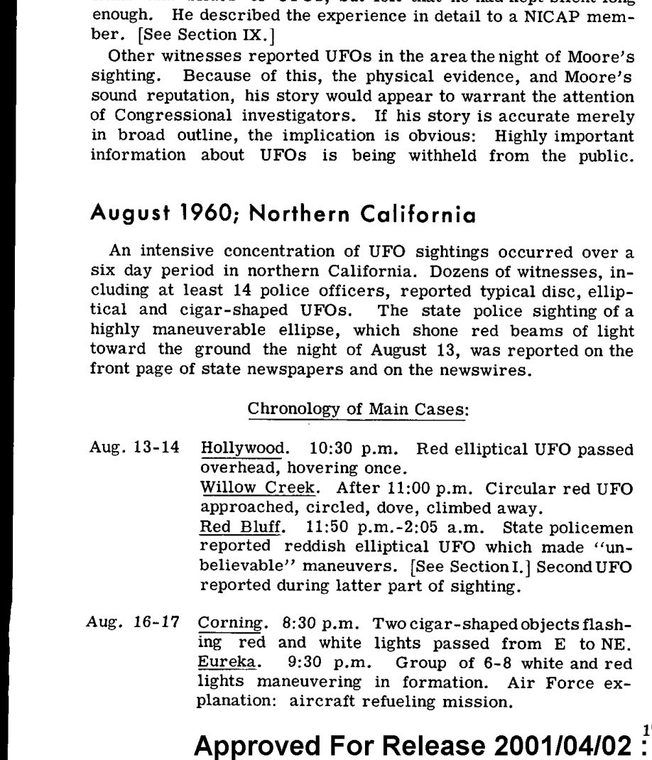 Coluna de texto impresso com o título August 1960; Northern California e a cronologia dos principais casos.