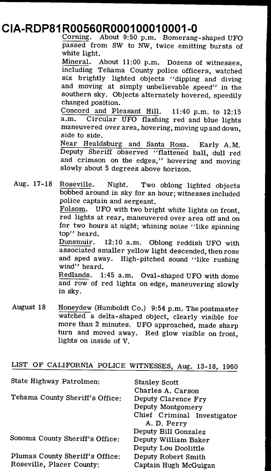 Coluna de texto impresso com a cronologia de agosto de 1960 e a lista List of California Police Witnesses.