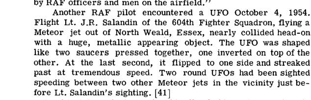 Parágrafo impresso em inglês que começa com Another RAF pilot encountered a UFO October 4, 1954.