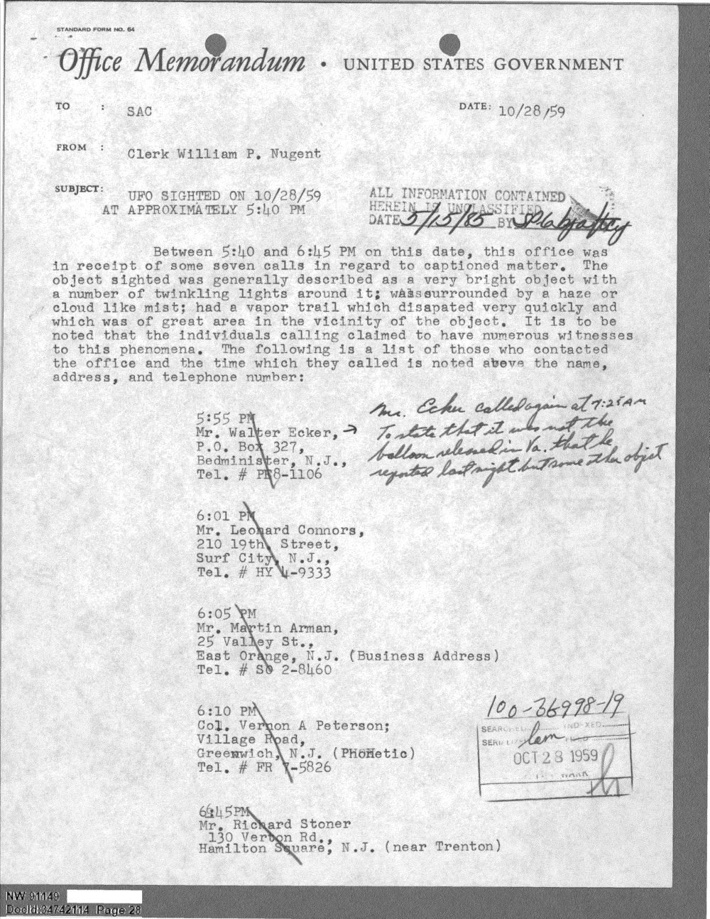 Memorando do FBI de 28/10/1959 com a lista de telefonemas sobre o objeto brilhante
