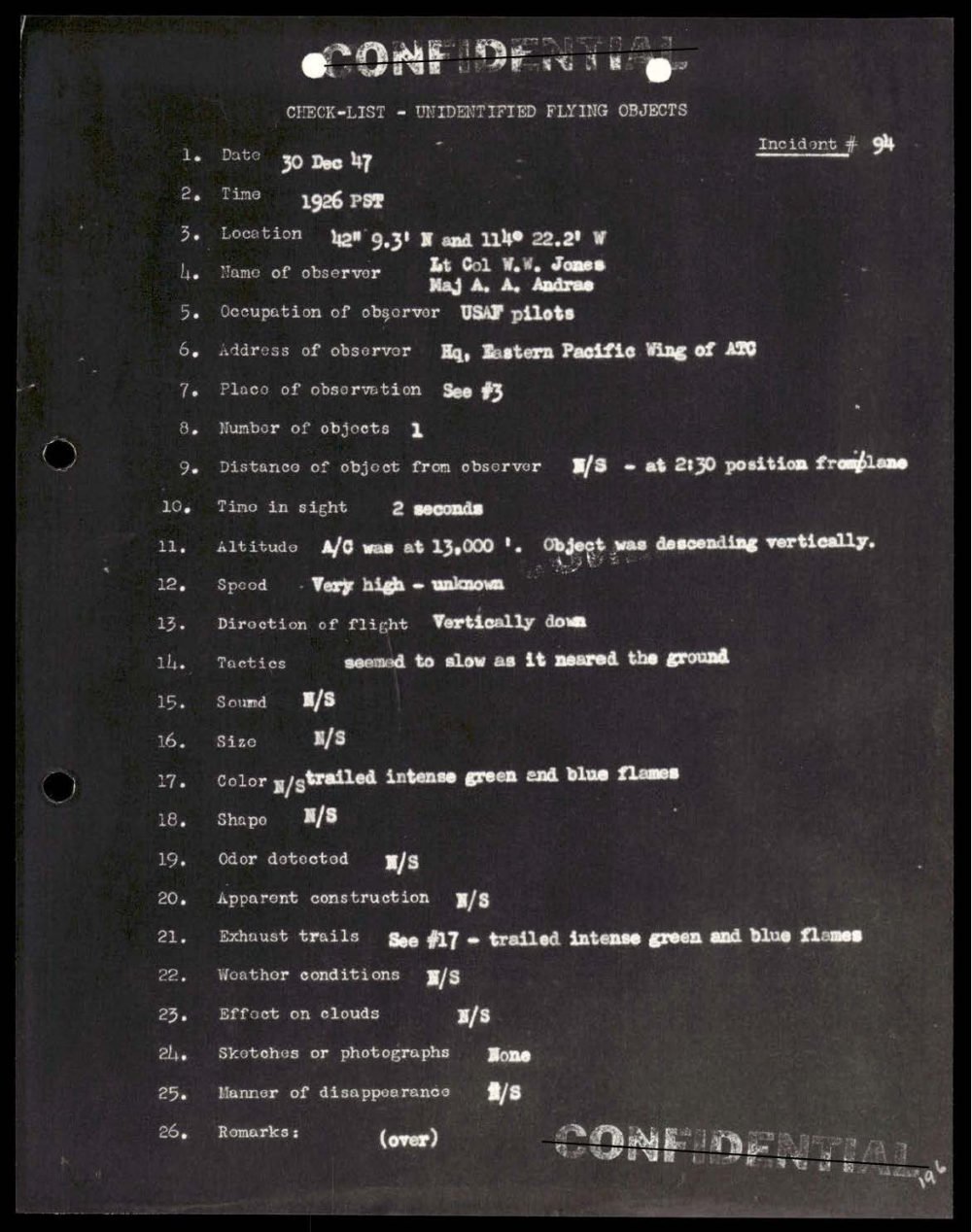 Ficha datilografada do incidente 94, de 30 de dezembro de 1947