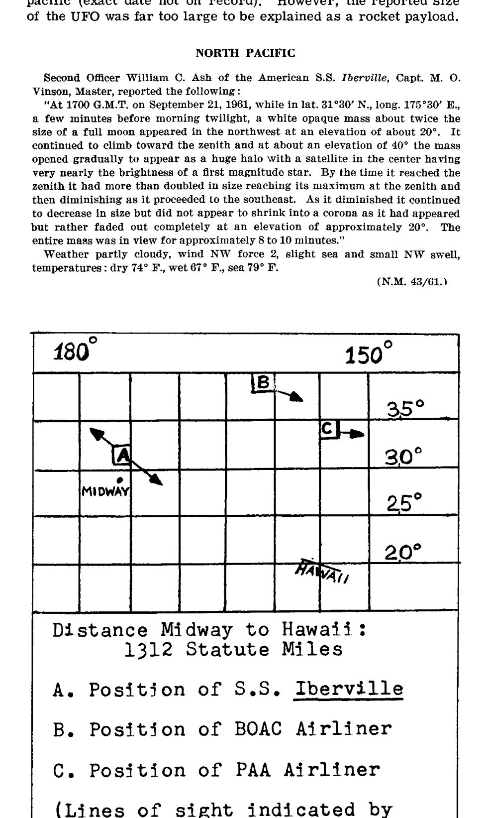 Bloco de texto com o título North Pacific e, abaixo, um mapa quadriculado de 180 a 150 graus de longitude com as letras A, B e C, Midway e Havaí.