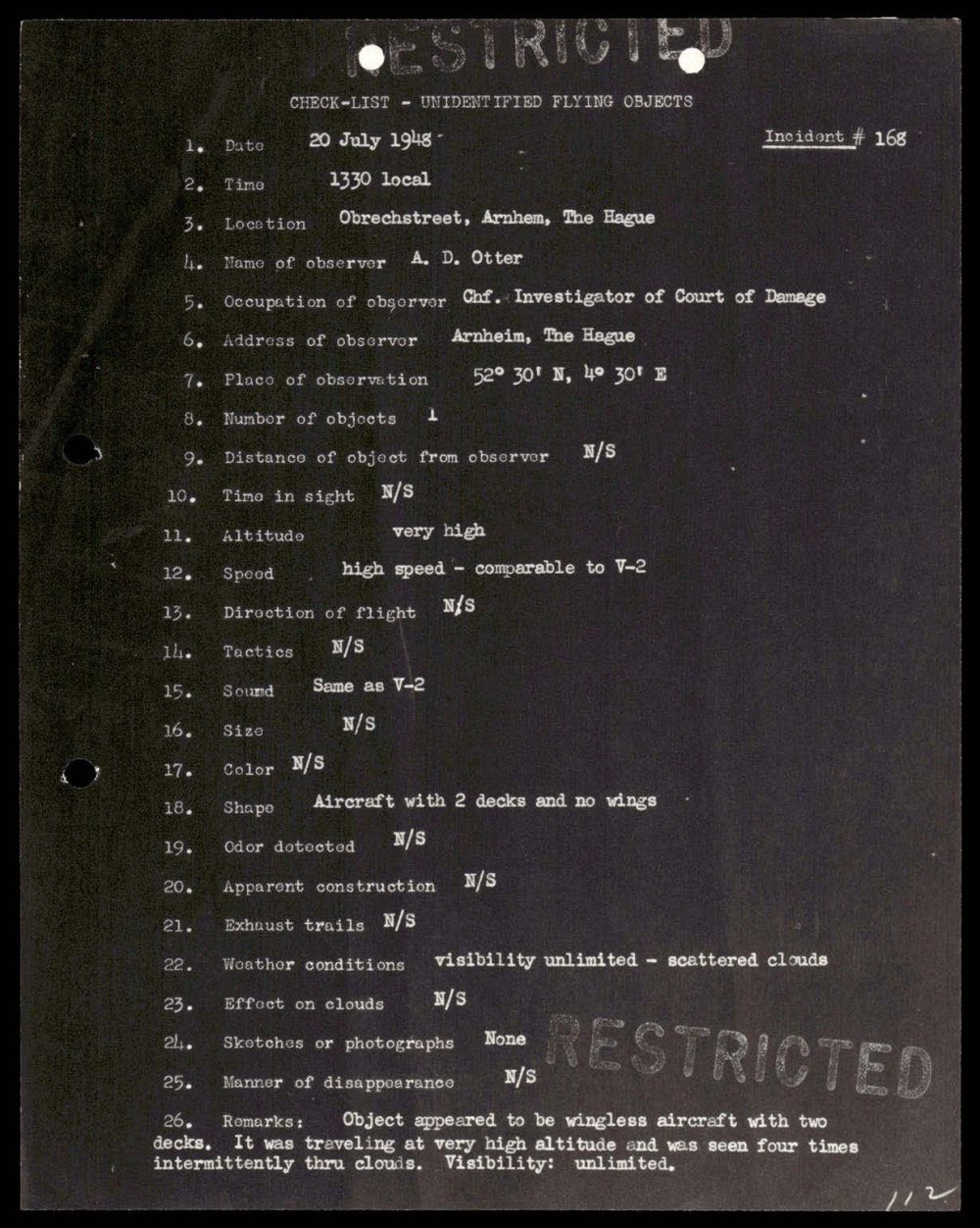 Ficha do incidente 168 sobre aeronave sem asas nos Países Baixos.