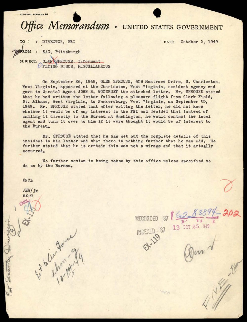 Memorando do FBI de Pittsburgh que encaminha a carta do piloto de Parkersburg.