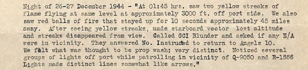 Recorte de folha datilografada: Night of 26-27 December 1944, At 01:45 hrs. saw two yellow streaks of flame flying at same level.