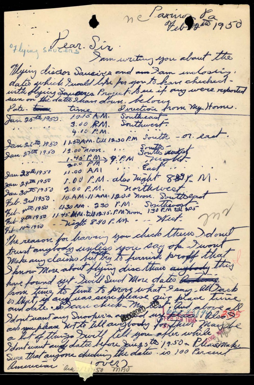 Carta manuscrita em papel pautado, com cabeçalho Paxinos, Pa., e uma tabela em três colunas: data, hora e direção a partir da casa do autor, seguida de parágrafos de texto e carimbos do FBI.