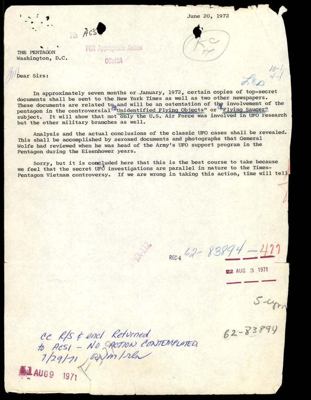 Carta de três parágrafos, com carimbos de recebimento pelo FBI e anotação de que nenhuma ação era prevista.