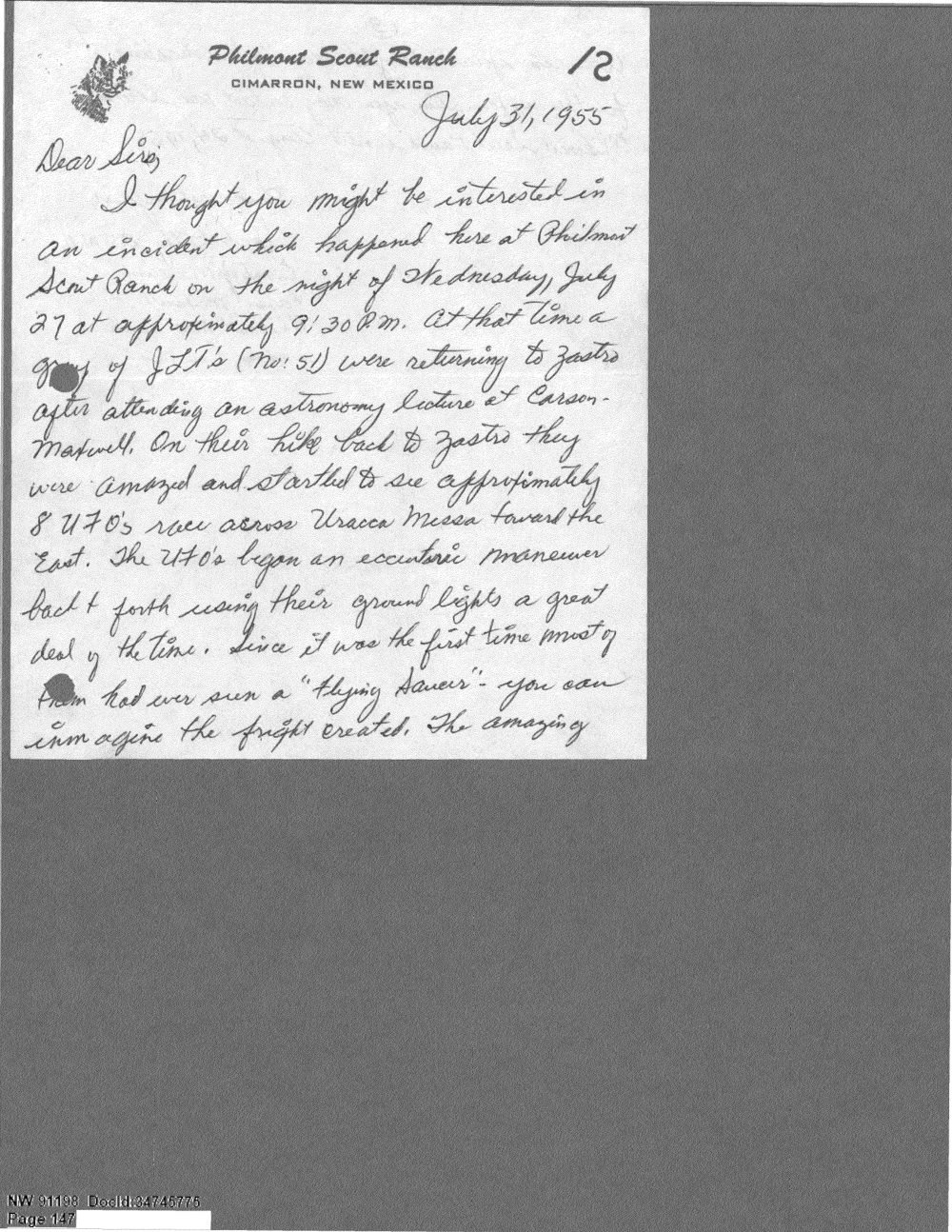 Carta escrita à mão no papel timbrado do Philmont Scout Ranch, datada de 31 de julho de 1955